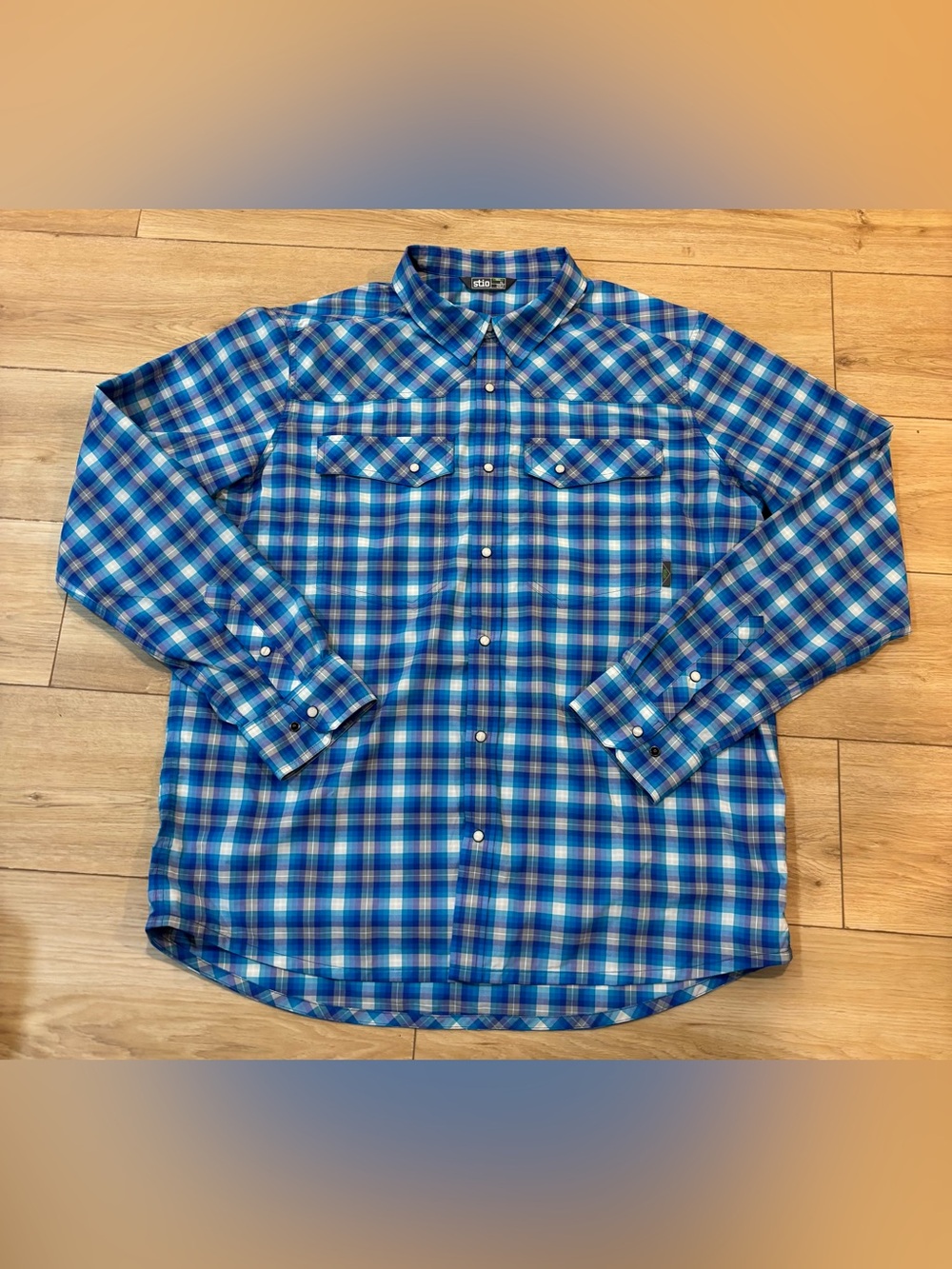 Stio Eddy Shirt Mens XL Blue White Plaid Pearl Snap Long Sleeve Outdoor